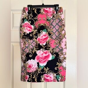 New York & Company Pink and Black Floral Pencil Skirt